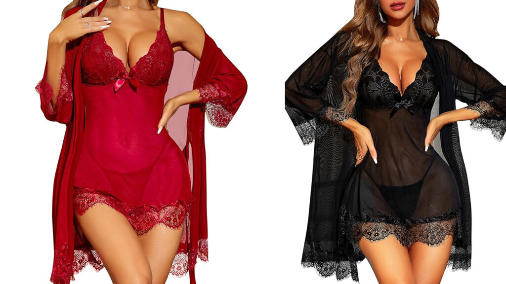 RSLOVE Women Sexy Lingerie Set 3 Piece Babydoll with Lace Kimono Robe Strap Chemise Sleepwear Mesh Nightgown